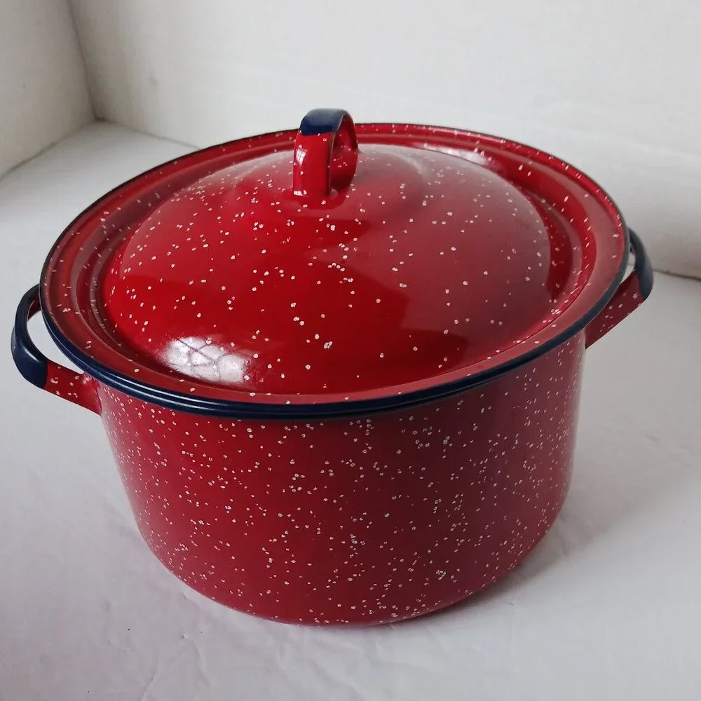 Vintage Red Blue Splatter Spackle Enamelware Cooking Pot